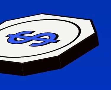 An octagonal white coin with a blue dollar sign icon floating on a solid blue background.