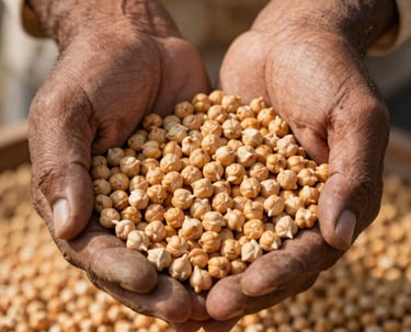 A close-up shot of healthy, golden chickpea seeds being held in a farmer's weathered hands, warm natural sunlight illuminating the texture of the seeds and dry soil, South Asian setting, commercial agricultural style.