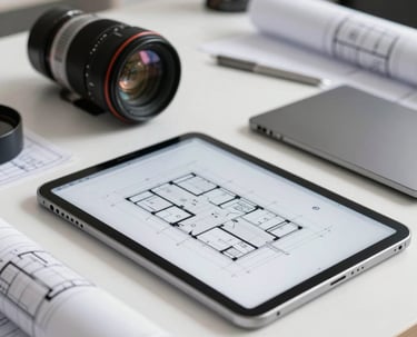 A close-up shot of architectural blueprints and a digital tablet on a clean white desk in a high-end North American design studio.