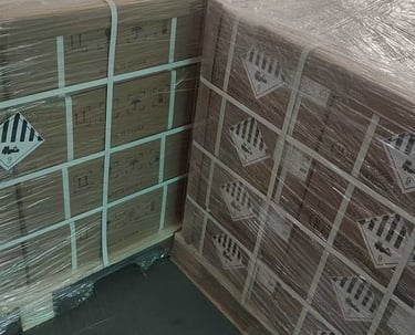 lithium cells in boxes on pallets in a warehouse