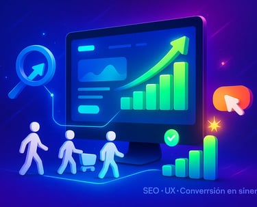 Ilustración de monitor con gráfico de barras ascendentes y flecha, iconos de lupa, carrito y figuras de usuarios, texto “SEO 