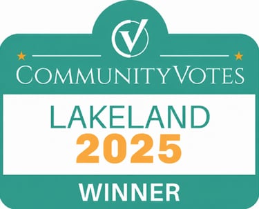 CommunityVotes Lakeland 2025 Winner badge featuring a teal and orange award design for local excellence.