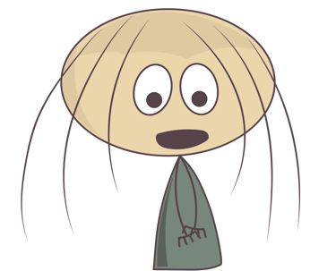A minimalist cartoon character with a large oval head, long thin hair, and wide eyes on a black background.