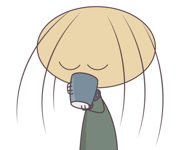 Minimalist cartoon illustration of a character with long hair drinking from a blue coffee mug.