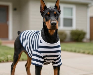 Un Doberman Pinscher negro y fuego, con una camiseta a rayas para perros, de pie frente a una casa.