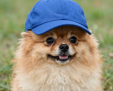 Un lindo y esponjoso perro pomerania con una gorra de béisbol azul brillante, sentado en la hierba.