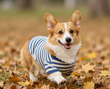 Un adorable perro Pembroke Welsh Corgi con una camiseta a rayas pasea entre las hojas otoñales.