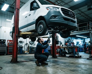 Wide environmental shot of a clean industrial workshop bay, a commercial van elevated on a lift, mechanic in dark uniform inspecting the undercarriage, bright high-contrast lighting, sharp details, 35mm.