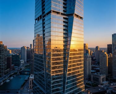 High-angle architectural shot of a modern glass skyscraper reflecting golden hour sunlight, clean lines, corporate editorial style, 35mm