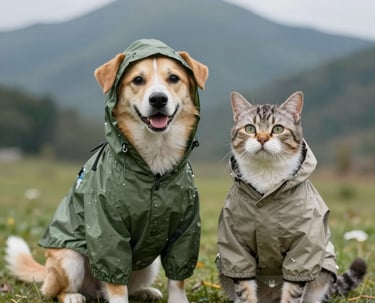Un perro y un gato vestidos con ropa de lluvia y en el fondo una montaña.