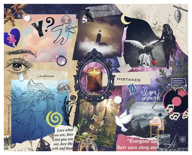 emotional collage, heartbreak, sadness, mistakes, learning, nature, regrowth, light, dark