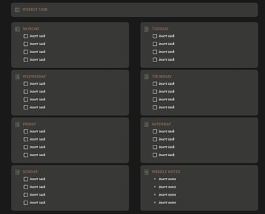 Minimalist weekly task planner template with dark theme and checkboxes for daily to-do lists.