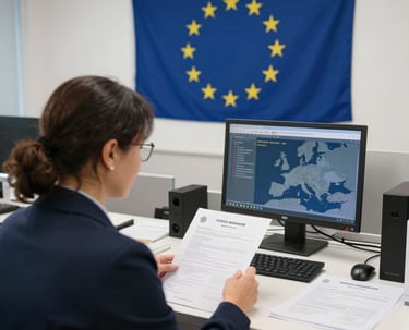 Several stacked shipping containers, predominantly showcasing the brands 'CMA CGM' on blue containers and 'EVERGREEN' on green containers. Below the containers is a blue and white sign with Asian characters.