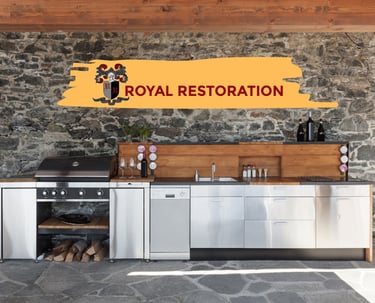 a kitchen with a stone wall and a large sign that says royal royal restoration