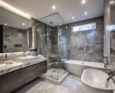 a bathroom with a tub tub and a large mirror