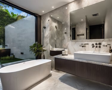 a bathroom with a large mirror and a bathtub