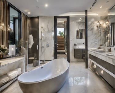 a bathroom with a tub tub and a large mirror