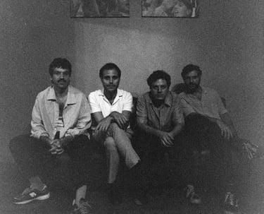 Black and white press photo of Capitão Fausto for their Dingwalls, London show in March 2026