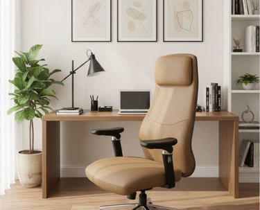 Tan leather ergonomic office chair in a modern home office with a wooden desk and laptop.
