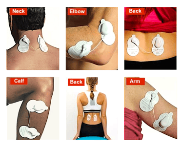 Six pictures of different applications of painmaster patches, to the neck, elbow, back, calf and arm.