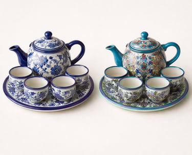 Handmade ceramic tea set with teapot and cups
