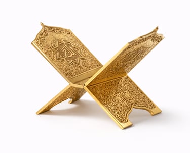 Brass Quran stand with elegant Islamic design for prayer and Quran recitation