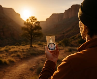 Compass and notepad in golden desert canyon light symbolizing outdoor navigation and survival journaling