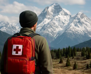 Backpacker with red wilderness first aid kit in remote mountain terrain, prepared for hiking emergencies and survival