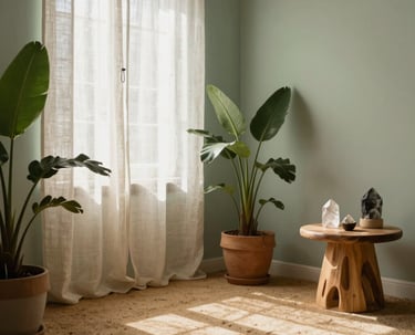A serene holistic therapy room in Porto, Portugal / Western European, soft natural sunlight streaming through linen curtains, potted botanical plants, warm earthy sand and pale sage green tones, crystals on a wooden side table.