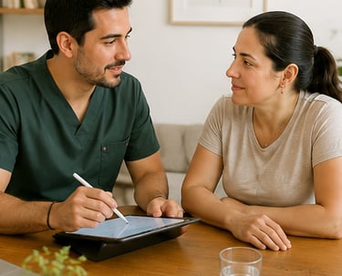 Mujer de 40 años tomando consulta de nutrición personalizada presencial para tratar dislipidemia