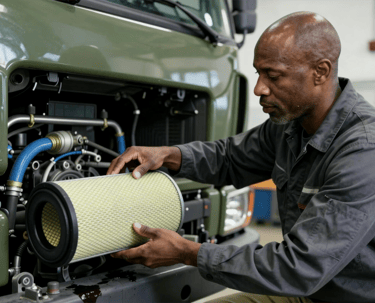Technician replacing heavy duty air filter in a commercial truck engine