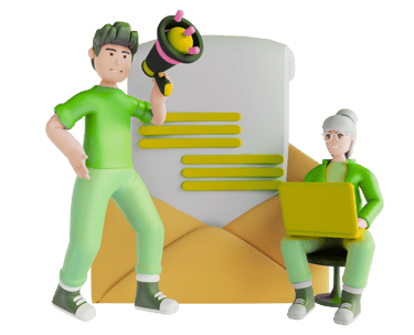 3D characters showing email communication and contact form interaction