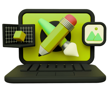 3D laptop showing website design and SEO tools in use