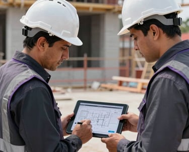 Civil engineers wearing safety helmets review digital site plans on a tablet at an active construction project in Mexico / Latin America. Professional tone, sharp focus, deep charcoal safety vests with subtle violet detailing.
