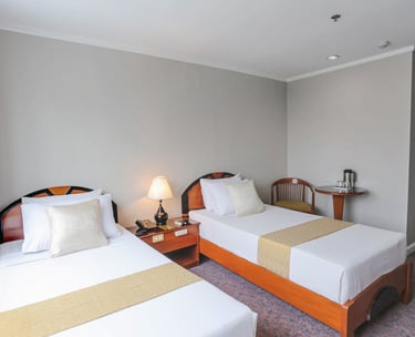 a bedroom with two twin beds and a table