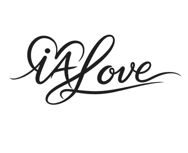 Elegant white cursive iALove typography with a heart symbol on a solid black background.