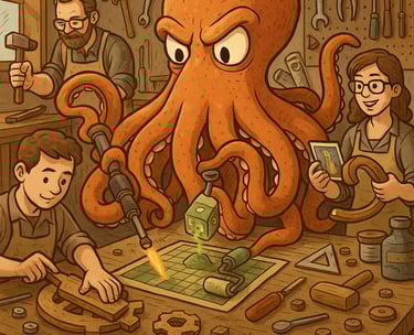 a cartoon octopus with a man in a workshop