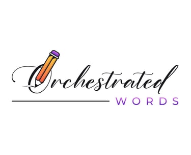 Orchestrated Words logo features of pencil with a purple pencil with a purple eraser
