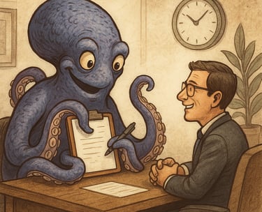 a man in a suit and tie is sitting at a desk with a clock and