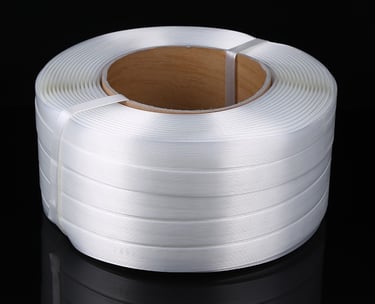 Heavy-duty packaging secured with durable polyester composite straps