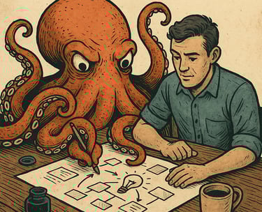 a man sitting at a table with a drawing of a octopus