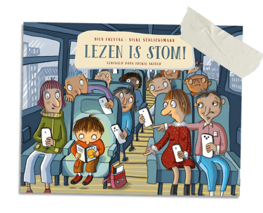 Illustration of passengers on a bus using smartphones while a boy reads the book Lezen is Stom.
