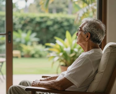 A peaceful photograph of a senior person sitting in a comfortable lounge chair in a bright room, looking out towards a lush green garden in Mauritius, soft morning light.