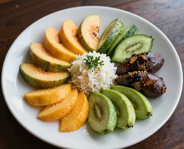 A high-quality photograph of a balanced and nutritious meal including fresh tropical fruits and vegetables on a clean white plate, natural lighting, a peaceful dining setting in Mauritius.