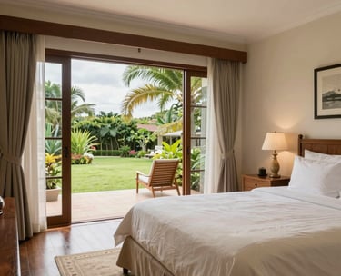 A bright and elegant private bedroom in a nursing home, featuring soft beige bedding, wooden furniture, and wide windows overlooking a garden in Mauritius.