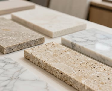 A close-up of high-quality building materials like marble and sandstone samples being compared in a bright interior design studio in Saudi Arabia, cream and sand tones dominant.
