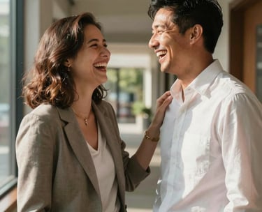 A North American couple sharing a joyful, candid laugh in a hallway filled with natural light, wearing casual professional attire, embodying warmth and emotional connection. High-end lifestyle photography.