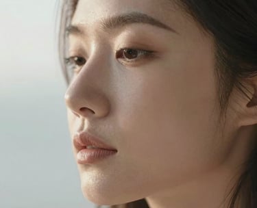 A close-up photography of a woman's serene face during a quiet moment of reflection, North American setting, soft morning light, reflecting a sense of peace and insight. Colors are muted sand and white.