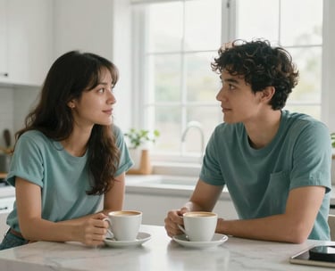 A couple having a calm conversation over coffee in a bright, modern North American kitchen, looking relaxed and engaged. High-quality photography, natural window light, palette includes soft teal and white.