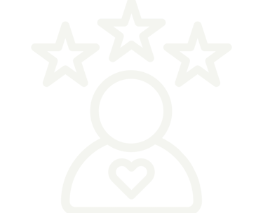 White line icon of a person with a heart and three stars representing customer reviews and loyalty.